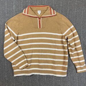 J. Crew 1/4 Quarter Zip Sweater Womens Size 2X Camel & White Striped 100% Cotton